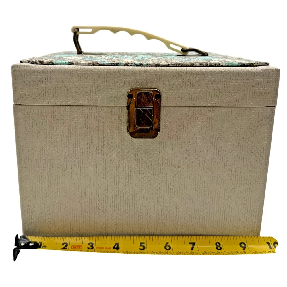 Vintage Square Sewing Box + 15 Wooden Spools Floral Top Handle Carrying Case MCM